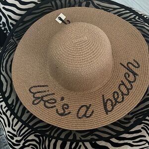 Tan Wide Brim Sun Hat with Black Embroidery